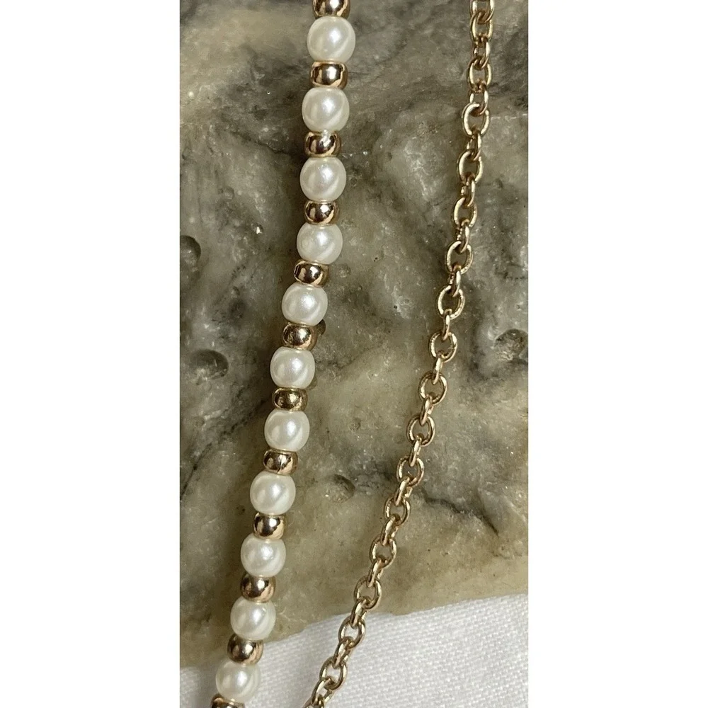 2 Strand Layered Choker Necklace Faux Pearl Gold Tone Cable Chain 12-14" - Picture 4 of 8